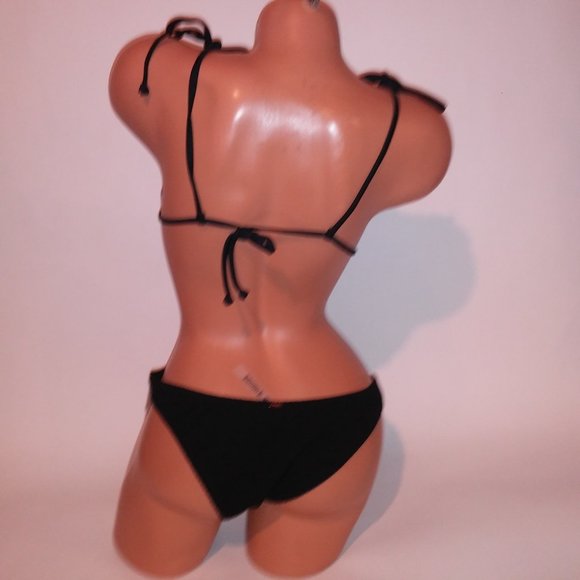 Victoria Secret PINK Swim Bikini Large Top & Bottom Black Ribbed Triangle String - Picture 9 of 11